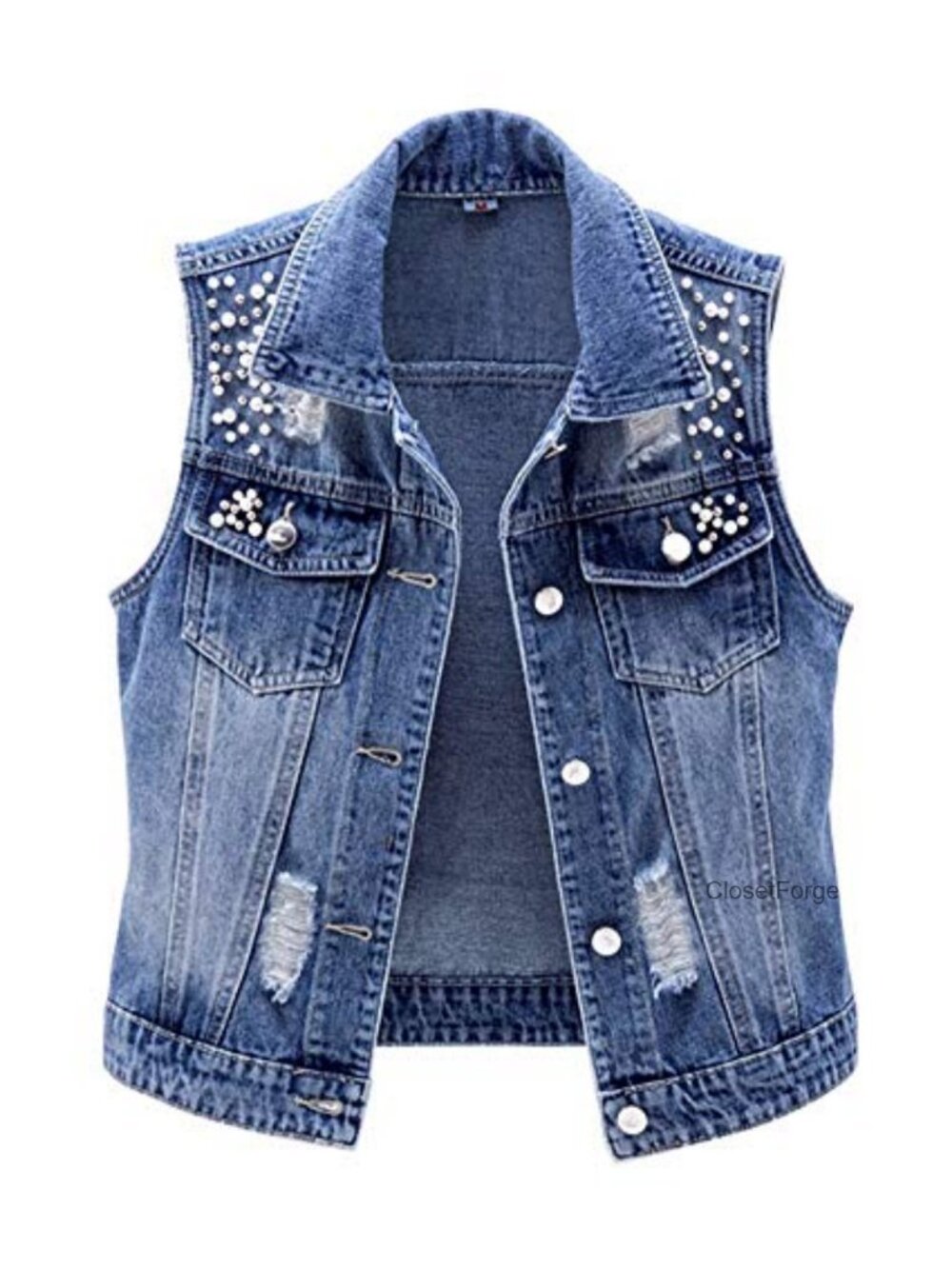 Sleeveless Pearls Beading Denim Vest Jean Jacket Button Front